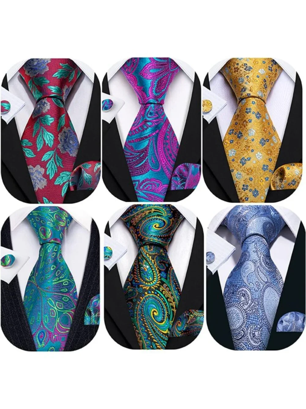 6 PCS Men's Silk Tie Set - Woven Neckties, Handkerchiefs & Cufflinks for